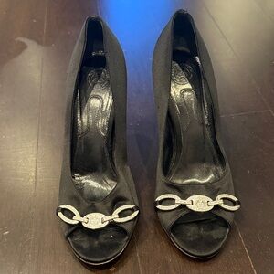Bally Black Satin Peep-Toe Heels with Silver & Crystal Accents